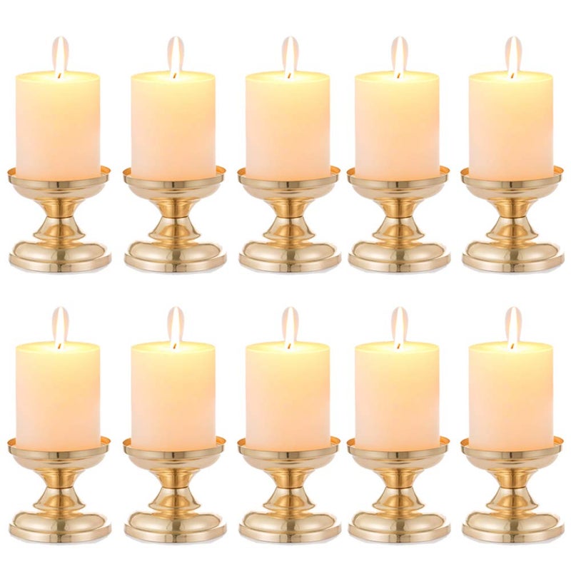 NUPTIO Candle Holders for Pillar Candles: 10 Pcs Gold Pedestals Stand Small Round Metal Votive Candlestick Pillars Holder for Wedding Dining Table Living Room Fireplace Mantel Decor - Image 1
